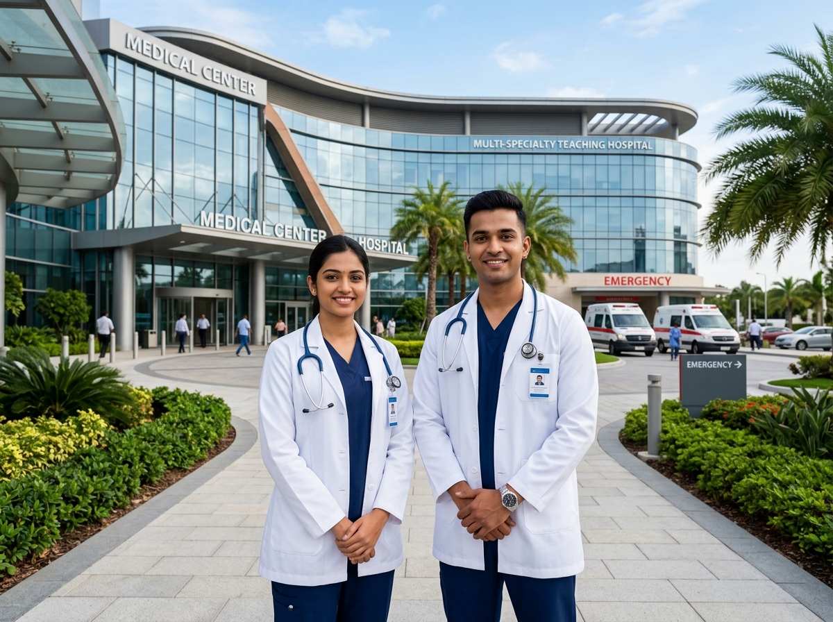 Male and female nursing professionals at modern multi-specialty teaching hospital campus